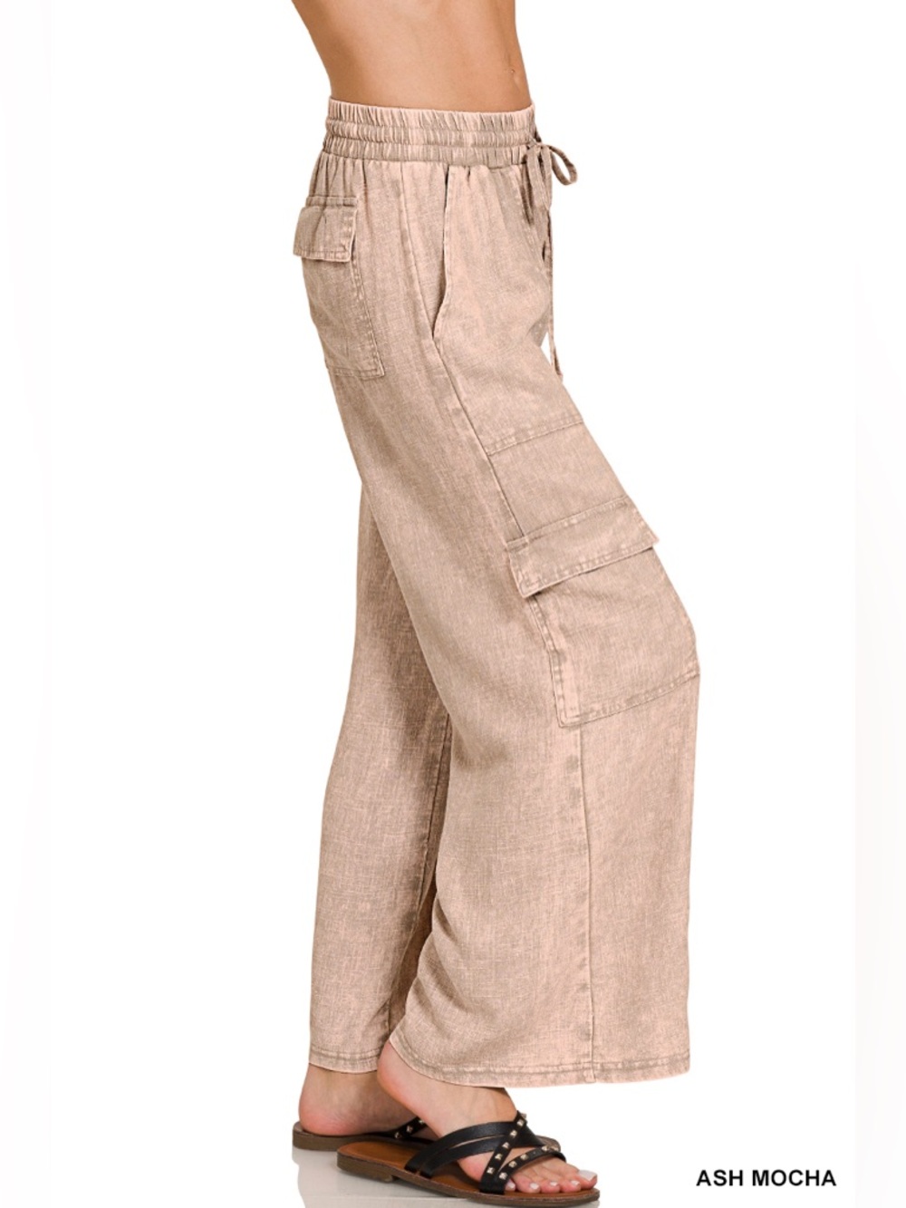 “ Zuma Beach “ Wide Leg Linen Cargo Pants | Ash Mocha / Blue - Picture 7 of 8